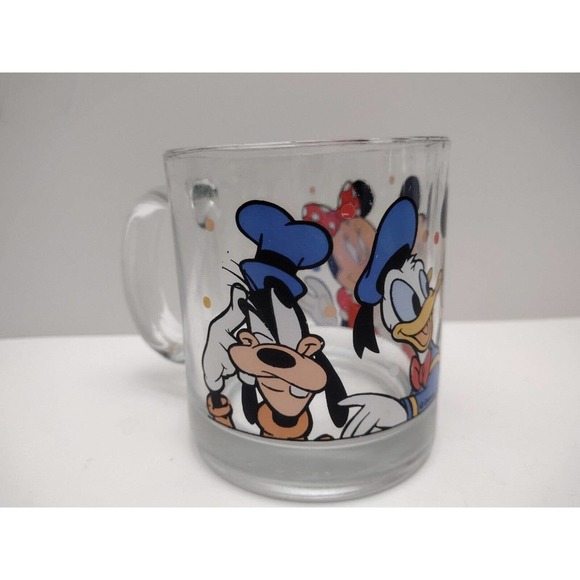 VINTAGE DISNEY MICKEY MINNIE GOOFY DONALD Clear Glass Coffee Tea Mug USA - Picture 2 of 5